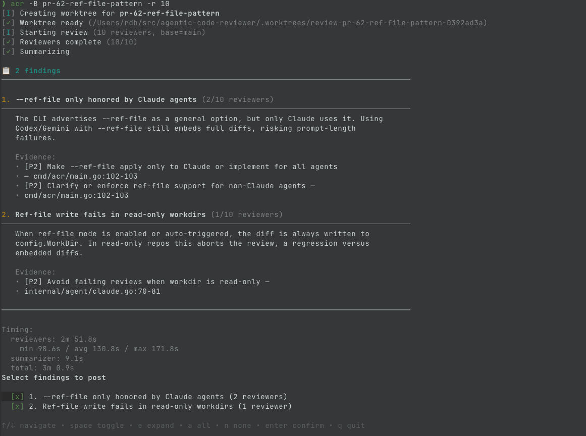 ACR command line interface showing 10 parallel reviewers finding 2 issues with confidence scores