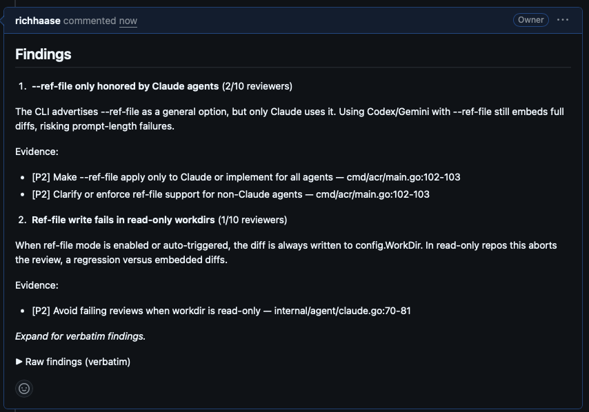 ACR automatically posting consolidated findings to a GitHub PR with confidence scores