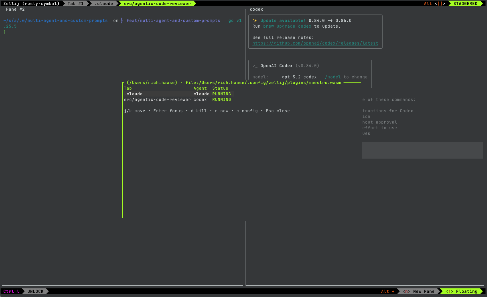 Maestro dashboard showing running agents in Zellij tabs